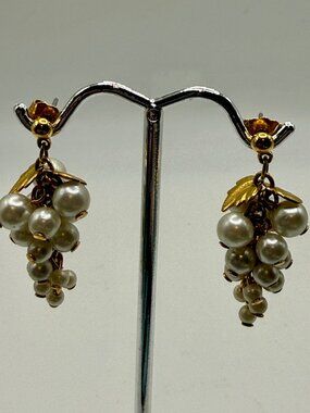 Gold Post Earrings with Pearls & Gold Leaf Charms